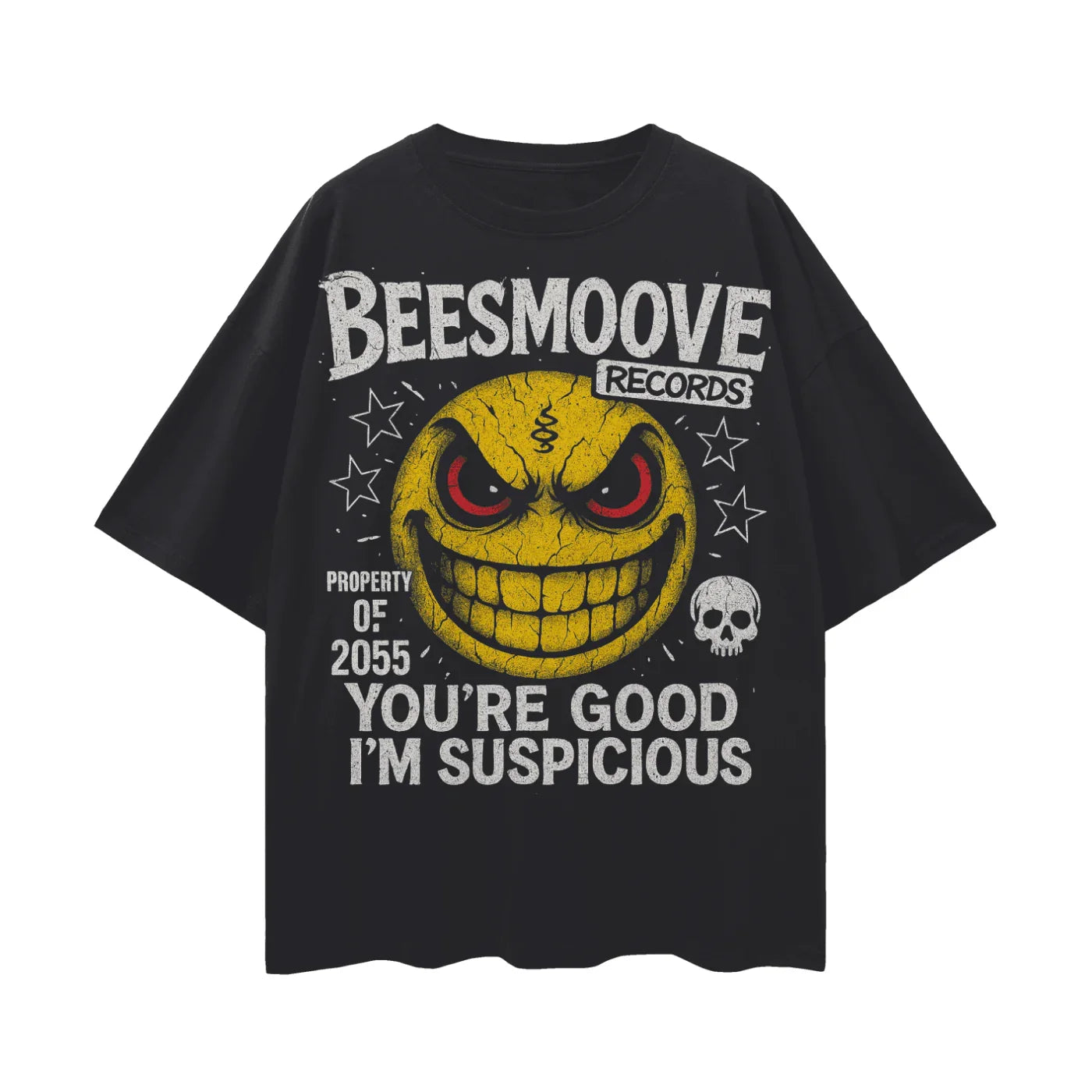 BEESMOOVE SUSPICIOUS SMILE Oversize Deep Drop Shoulder Tee - Beesmoove