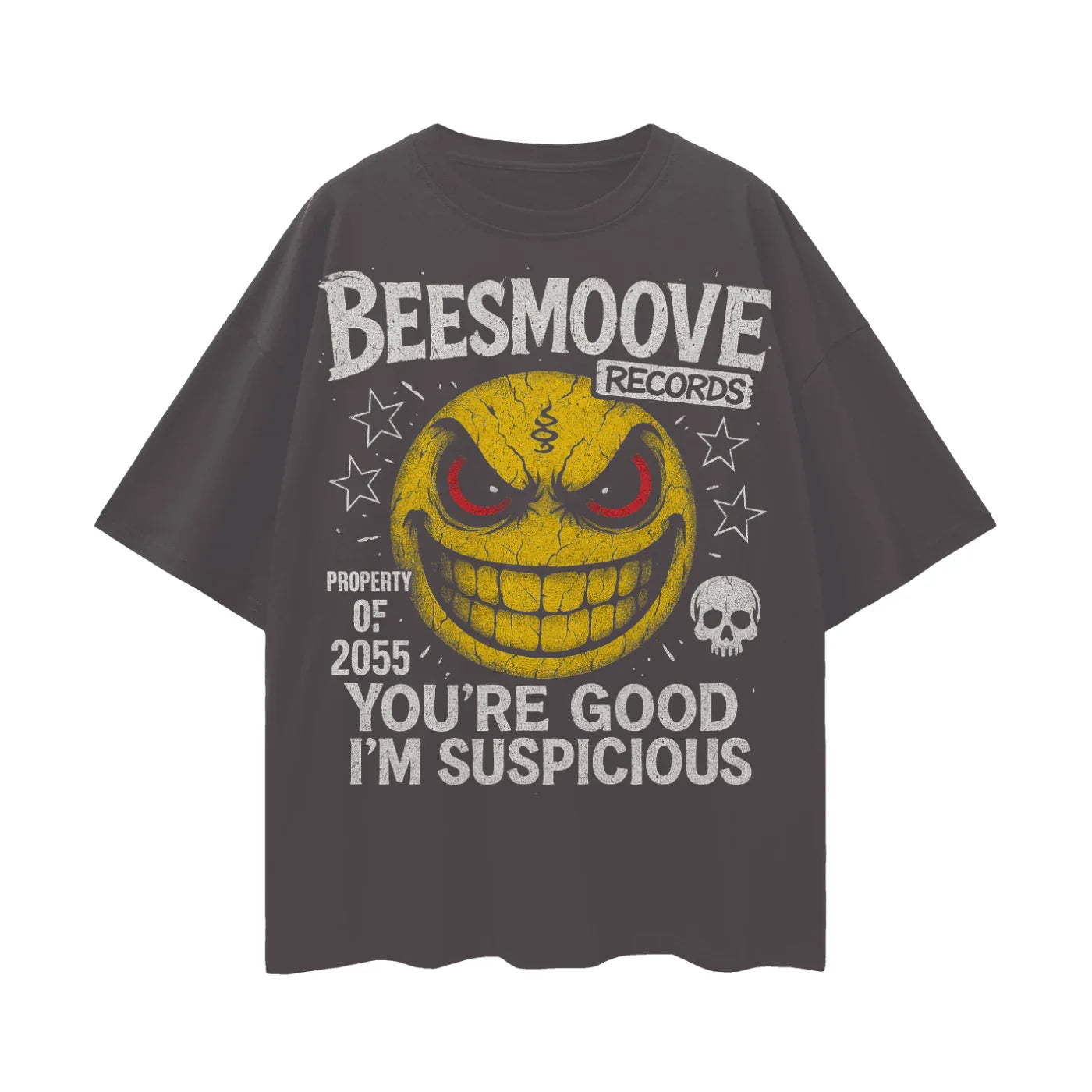 BEESMOOVE SUSPICIOUS SMILE Oversize Deep Drop Shoulder Tee - Beesmoove