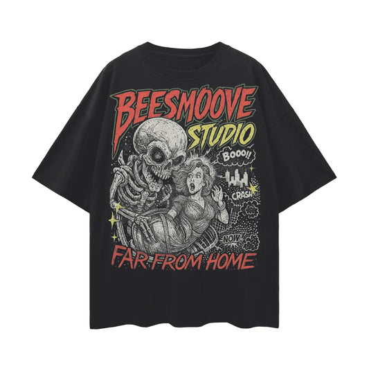BEESMOOVE Skull Ride: Far From Home Oversize Deep Drop Shoulder Tee - Beesmoove 