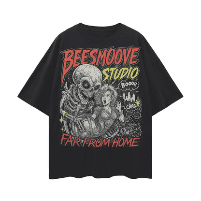 BEESMOOVE Skull Ride: Far From Home Oversize Deep Drop Shoulder Tee - Beesmoove 