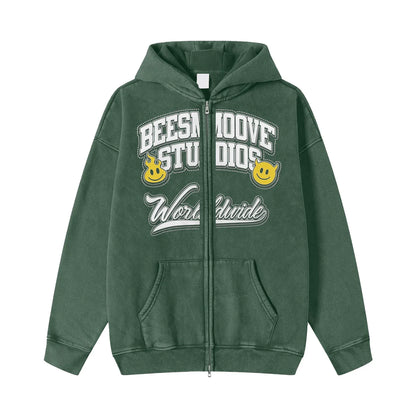 BEESMOOVE BeeSmiles Worldwide Washed Zip-Through Fleece Hoodie - Beesmoove 