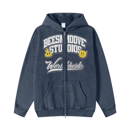 BEESMOOVE BeeSmiles Worldwide Washed Zip-Through Fleece Hoodie - Beesmoove 