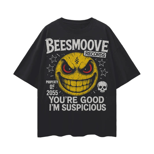 BEESMOOVE SUSPICIOUS SMILE Oversize Deep Drop Shoulder Tee - Beesmoove 
