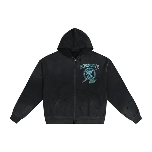 BEESMOOVE Starlight Survivor Hand-Frayed Sunfade Zip Hoodie - Beesmoove 