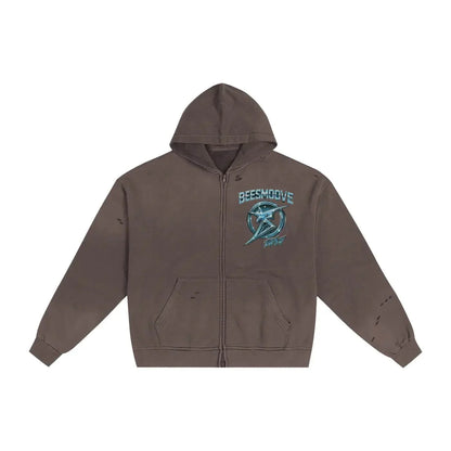 BEESMOOVE Starlight Survivor Hand-Frayed Sunfade Zip Hoodie - Beesmoove 