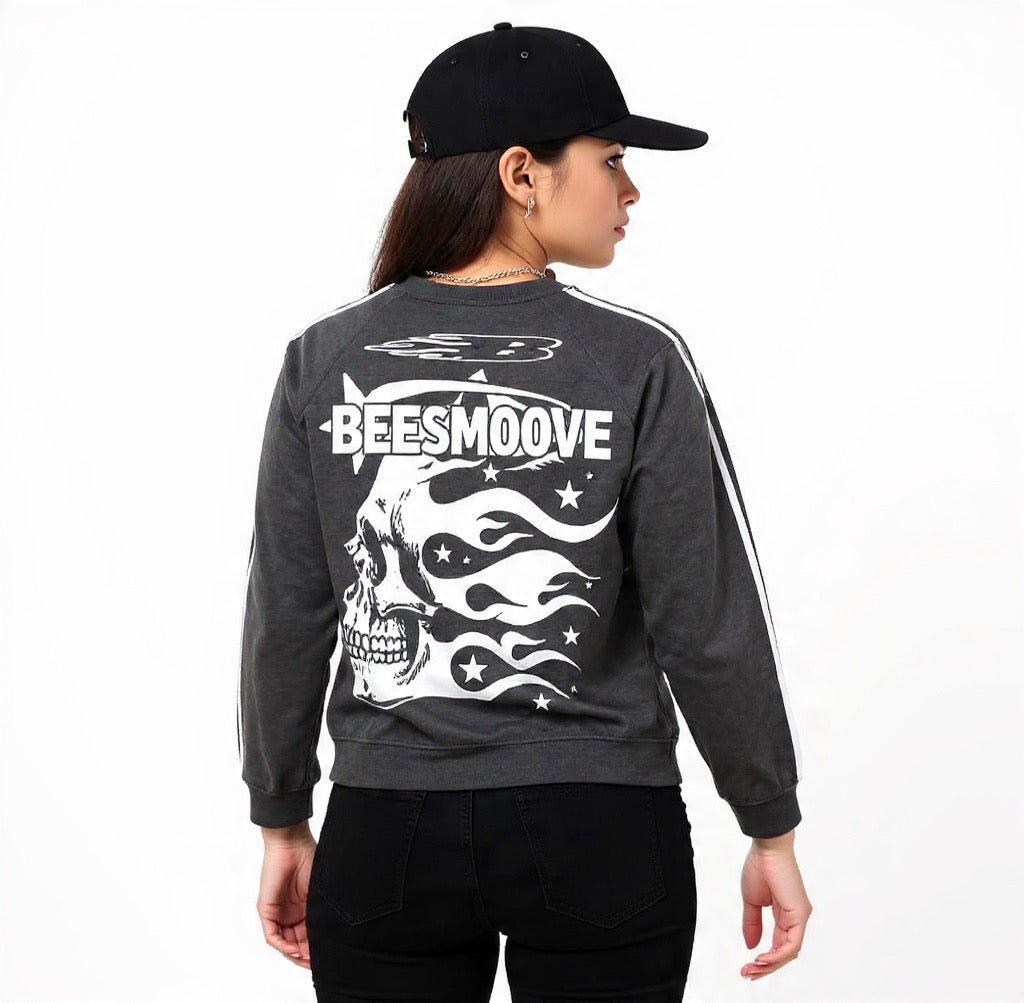 BEESMOOVE Afterlife Skull Drip Snow Washed Contrast Tape Sweatshirt - Beesmoove