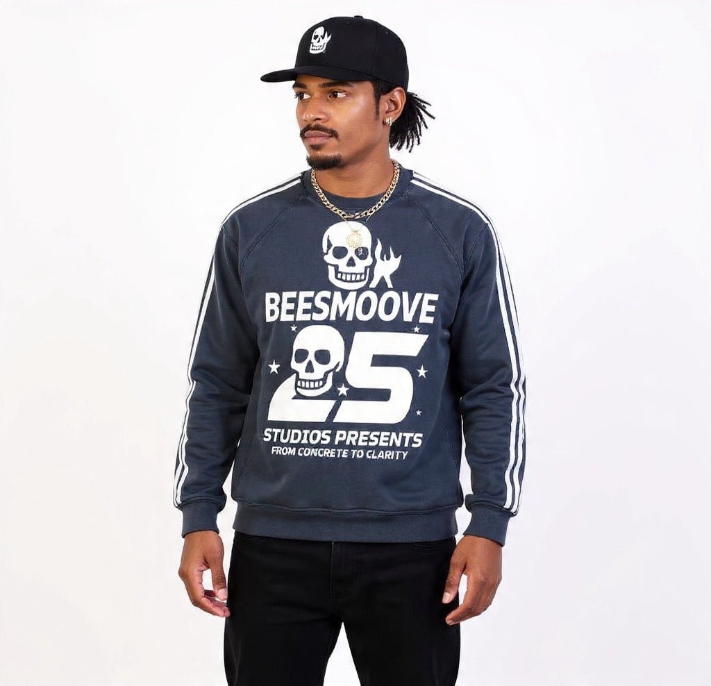 BEESMOOVE Afterlife Skull Drip Snow Washed Contrast Tape Sweatshirt - Beesmoove