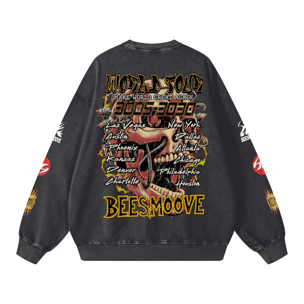 BEESMOOVE Skullwave Global Edition Washed Oversized Sweatshirt - Beesmoove