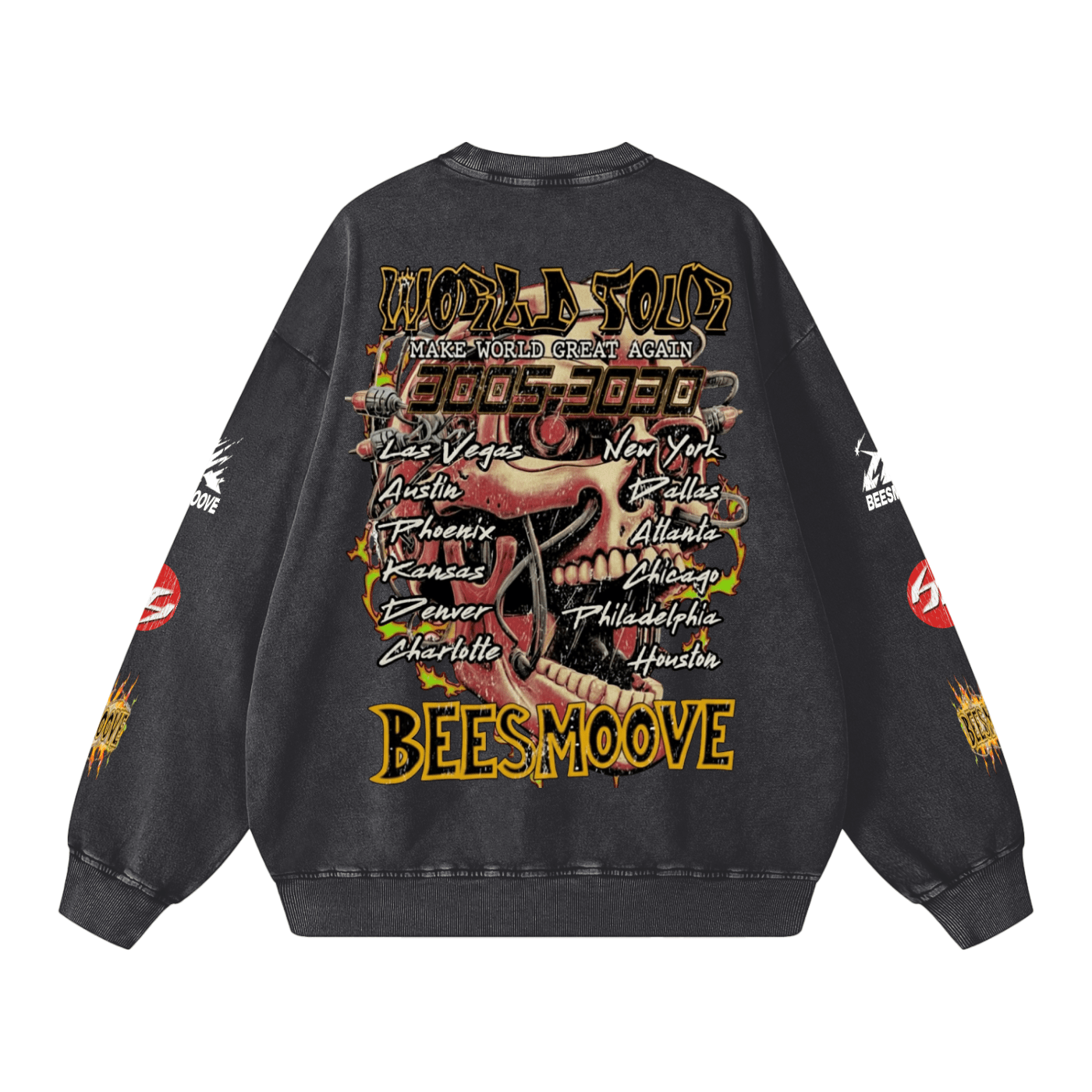 BEESMOOVE Skullwave Global Edition Washed Oversized Sweatshirt - Beesmoove