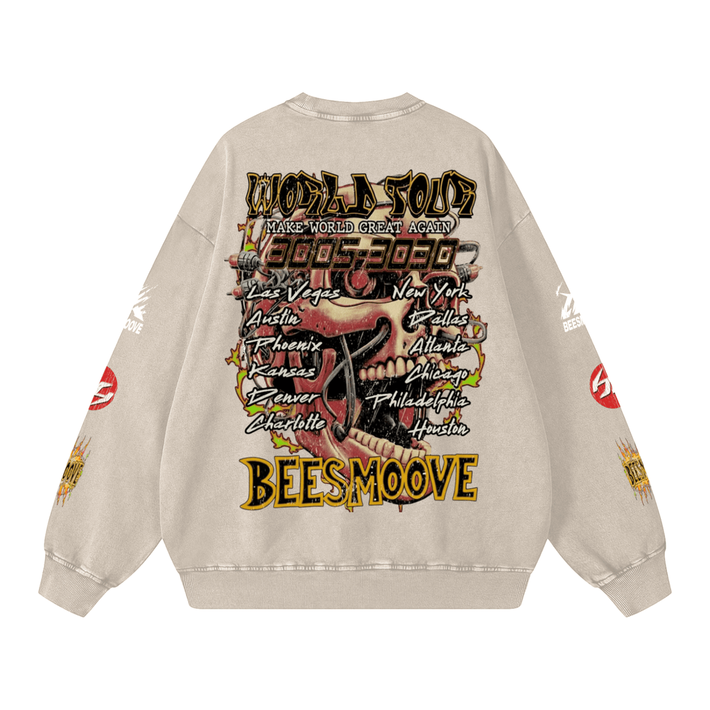 BEESMOOVE Skullwave Global Edition Washed Oversized Sweatshirt - Beesmoove