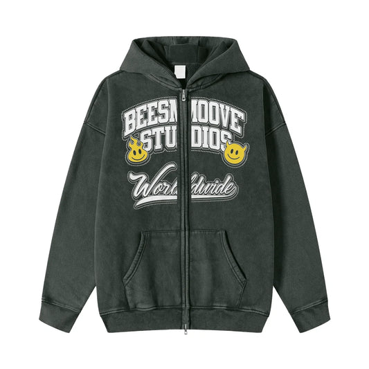 BEESMOOVE BeeSmiles Worldwide Washed Zip-Through Fleece Hoodie - Beesmoove 