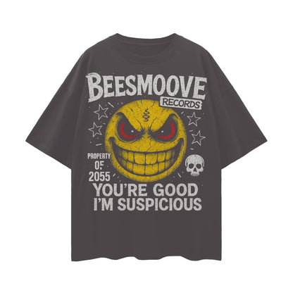 BEESMOOVE SUSPICIOUS SMILE Oversize Deep Drop Shoulder Tee - Beesmoove 
